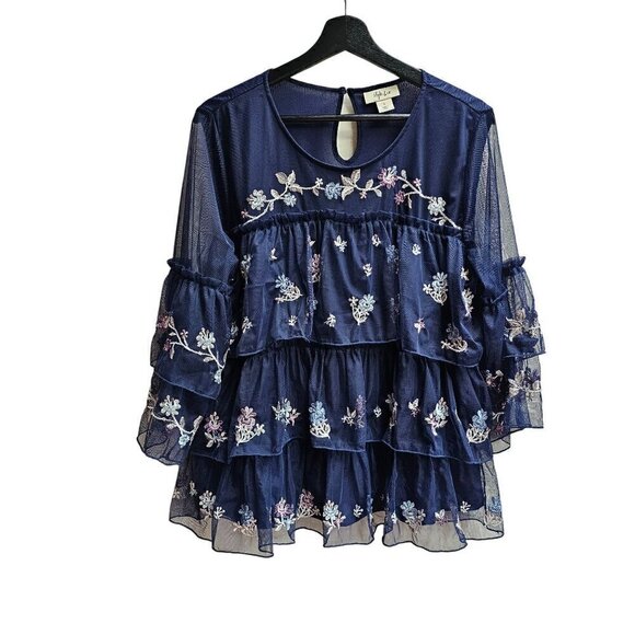Style & Co. Tops - Style & Co Women's M Navy Blue Floral Embroidered Tiered Ruffle Blouse